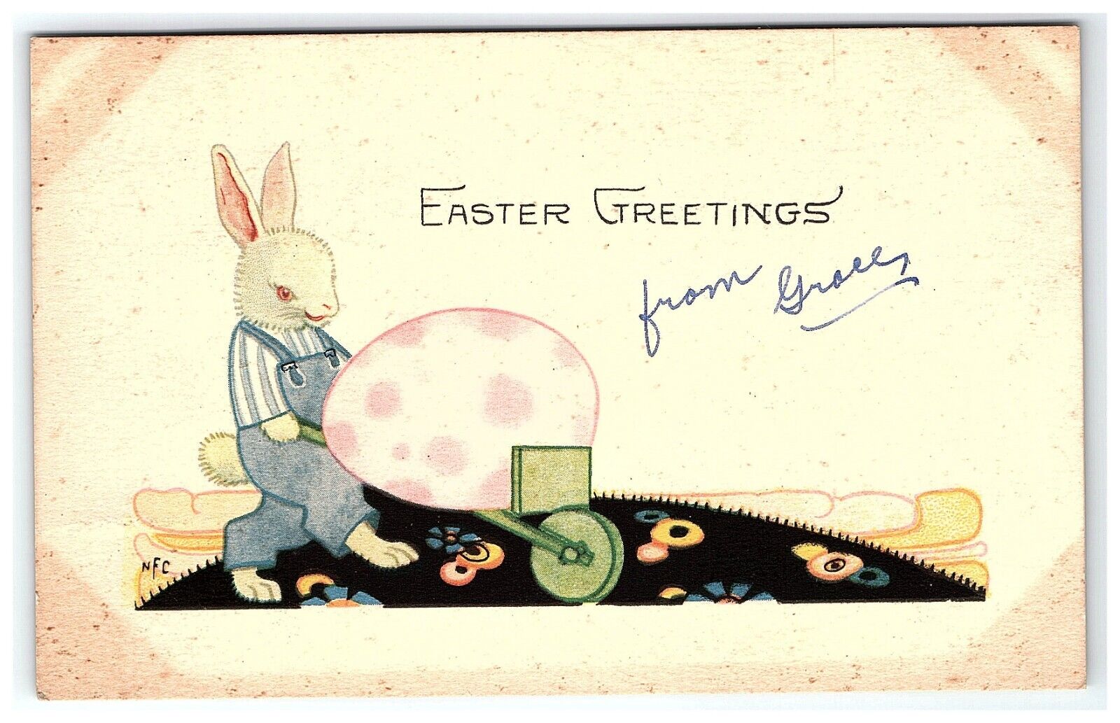 1920s Postcard Easter Anthropomorphic Dressed Rabbit Rolling Big Egg 