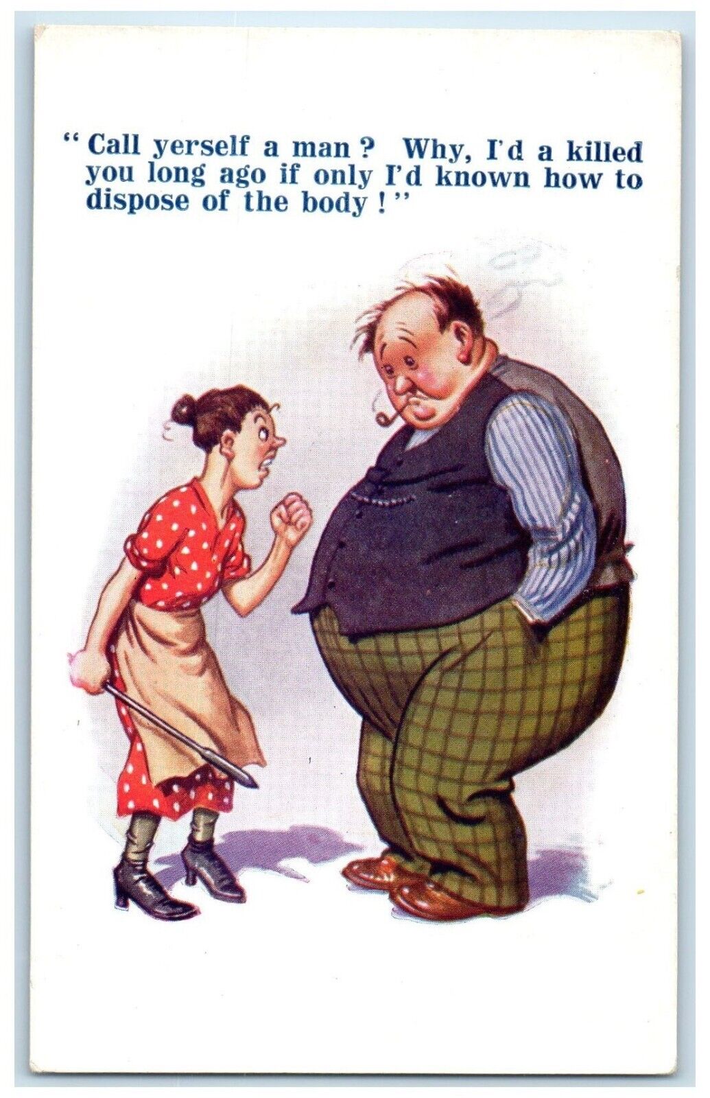 c1910\'s Angry Girl Fat Man Smoking Pipe Bamforth Unposted Antique Postcard