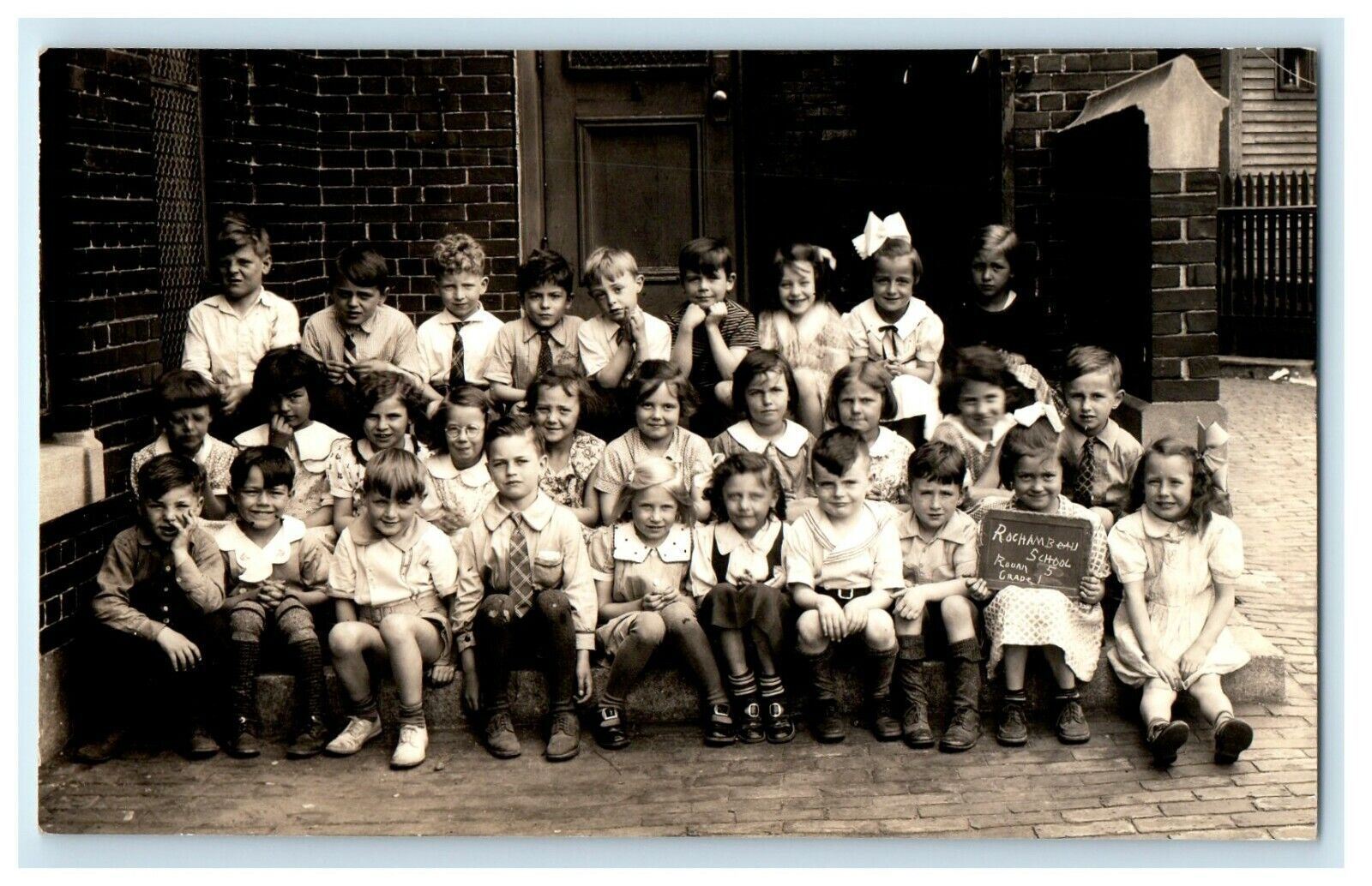 c1930\'s Dorchester MA, Rochambeau School Grade 1 Students RPPC Photo Postcard