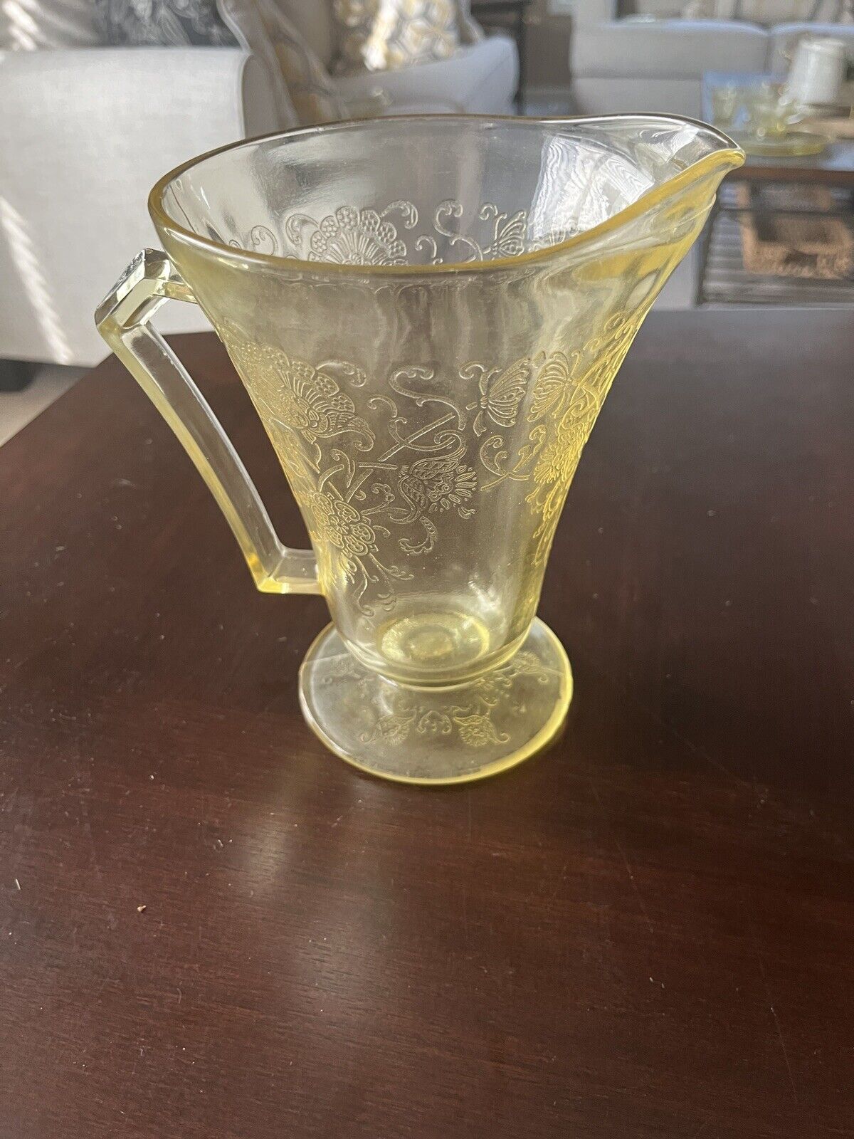 Vintage Hazel Atlas Footed Pitcher Florentine Poppy Yellow Depression Glass