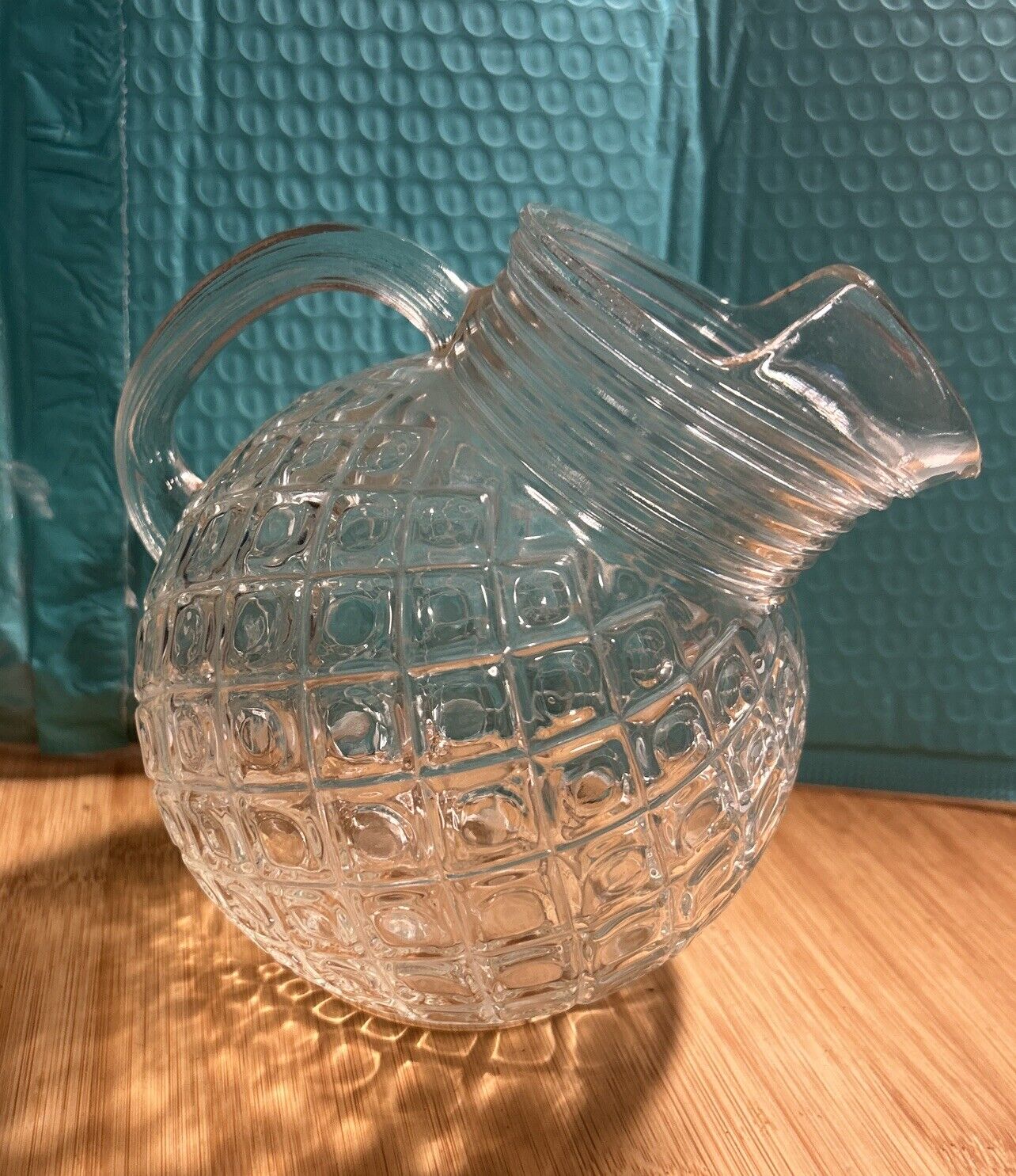 Vintage Hazel Atlas Pitcher Depression Glass Thumbprint Tilted Ball ice lip 7”