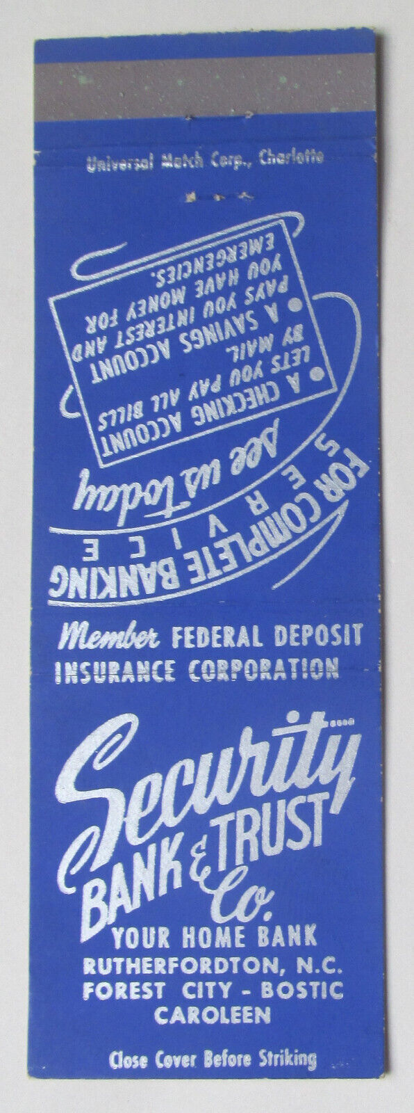 Security Bank & Trust Co. - Rutherfordton, North Carolina 20FS Matchbook Cover