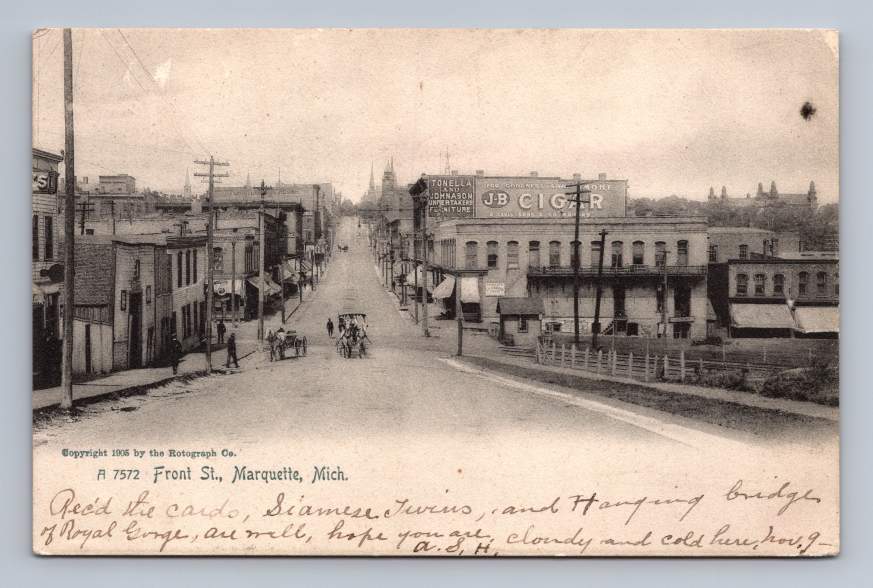 Front Street MARQUETTE Michigan Antique Rotograph Collotype JB Cigar Sign 1905