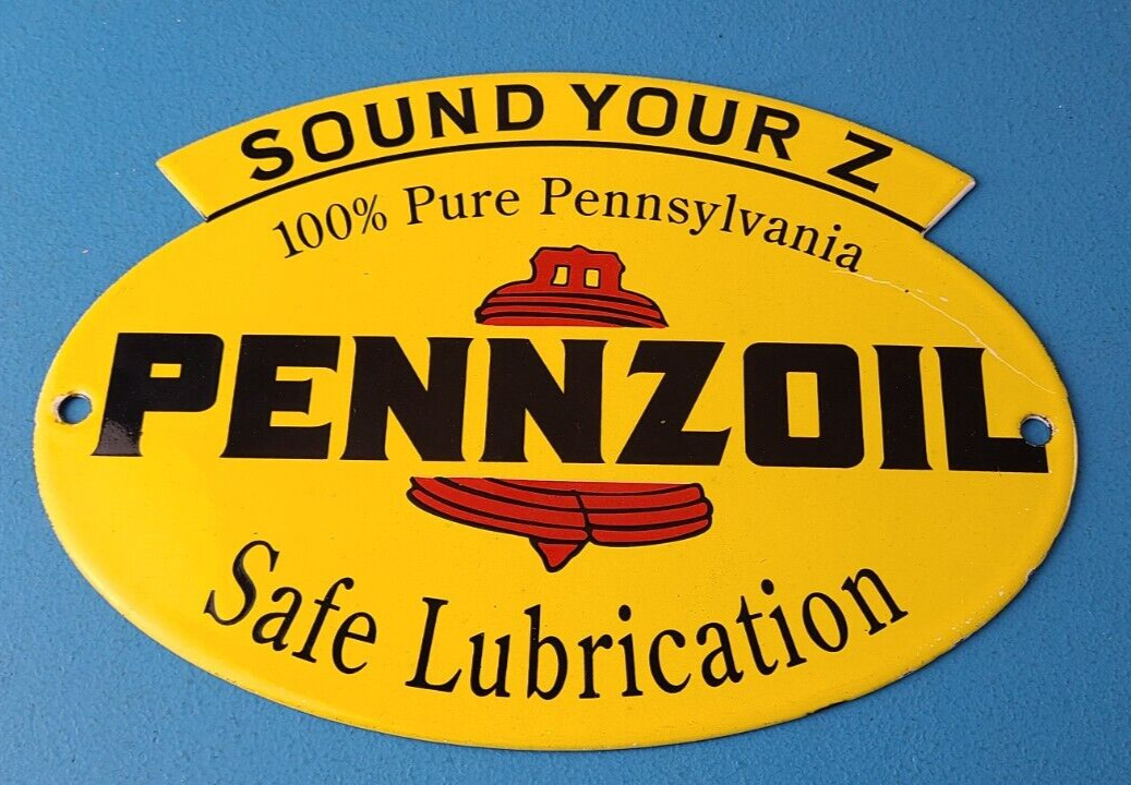 Vintage Pennzoil Sign - Safe Lubrication Gas Service Station Pump Porcelain Sign