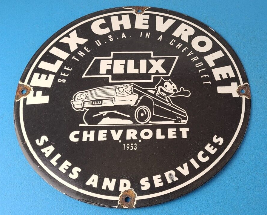 Vintage Chevrolet Porcelain Sign - Felix The Cat Service Gas Pump Chevy Sign