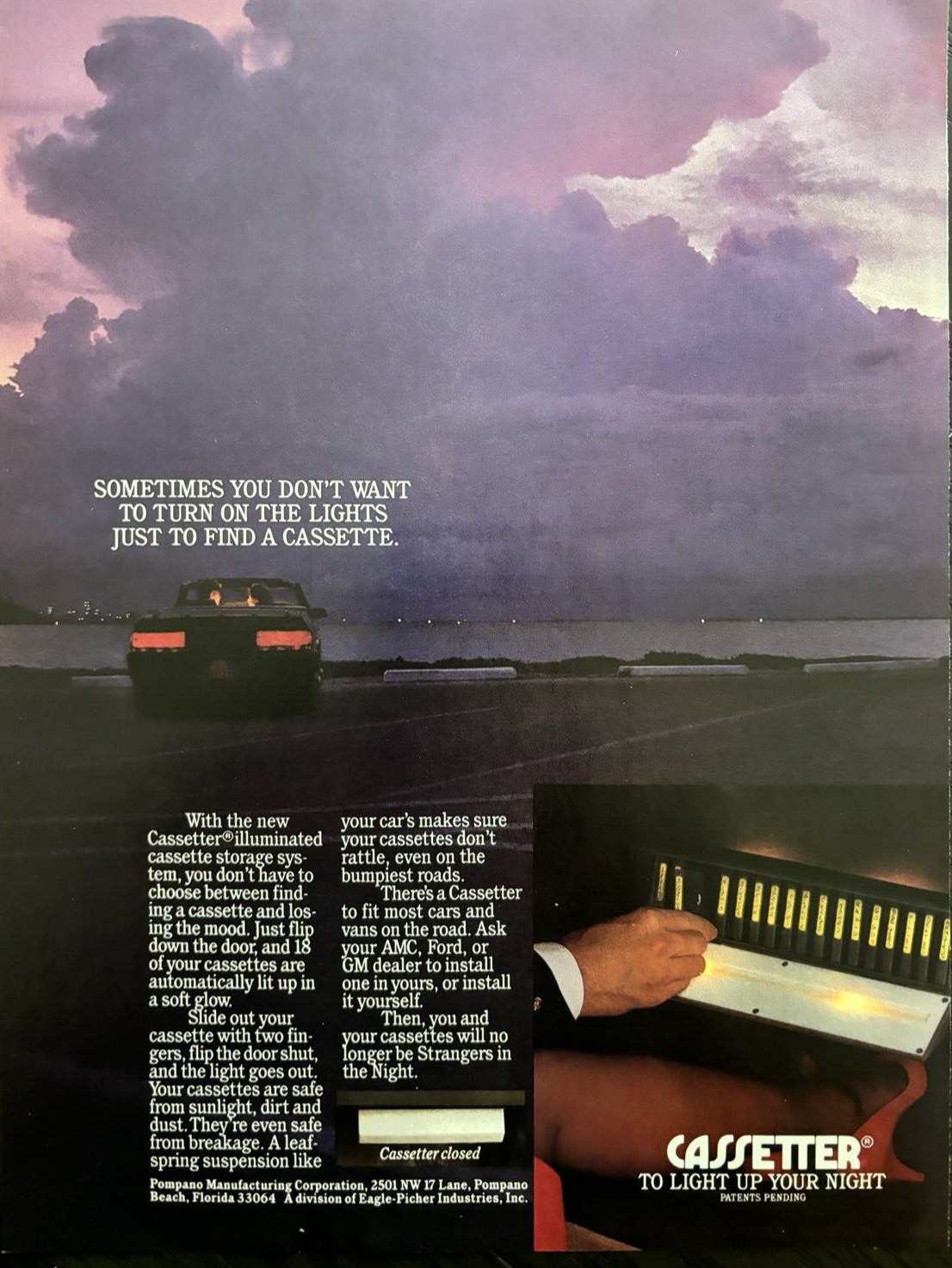 1985 Cassetter Illuminated Cassette Storage System Cars Pompano Fla VTG Print Ad