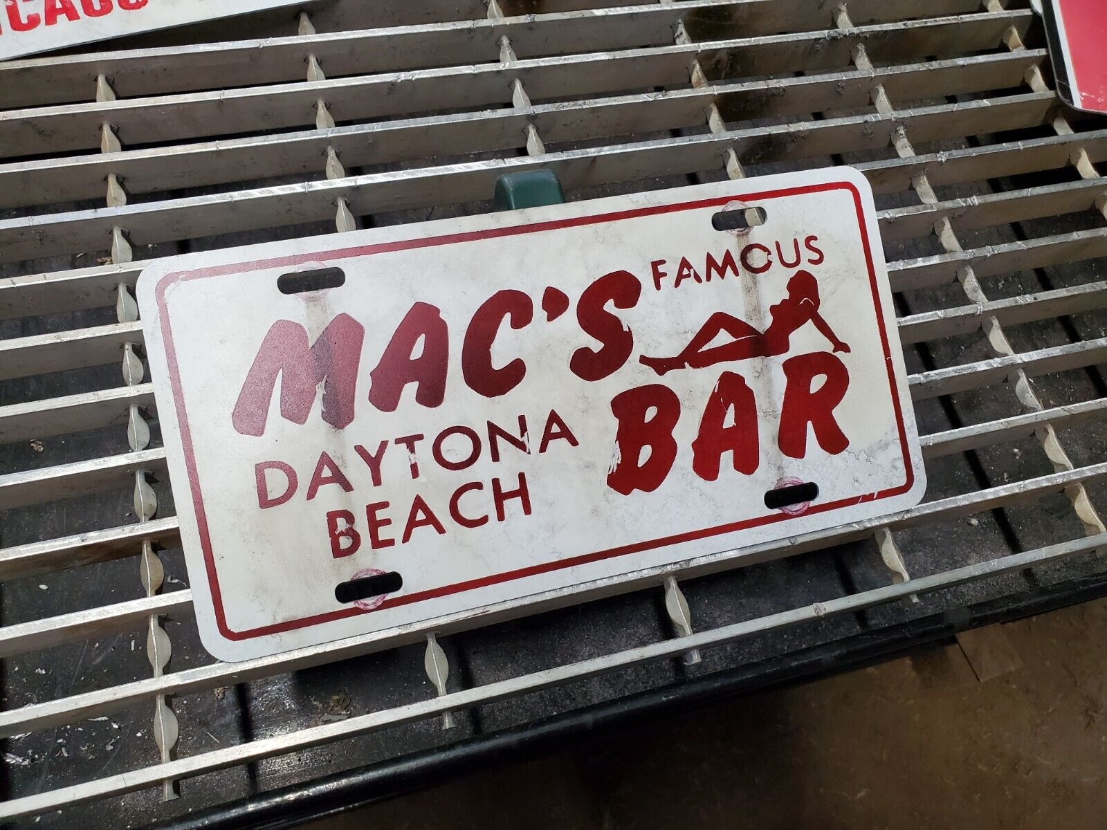 Mac\'s Famous Bar Daytona Tag Painted Speed Shop Sign Vintage Antiqued Look VTG