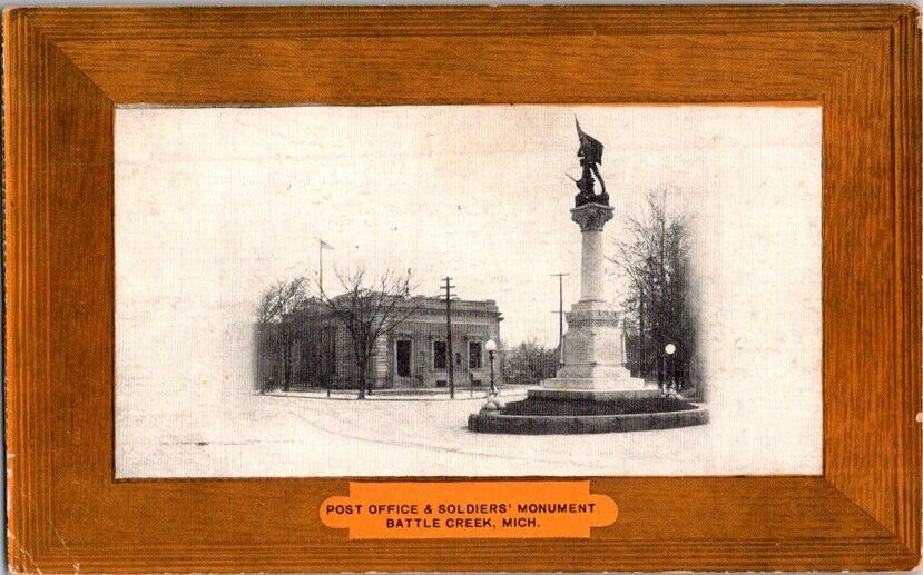  Postcard Post Office & Soldier Monument Battle Creek MI Michigan 1908     H-567