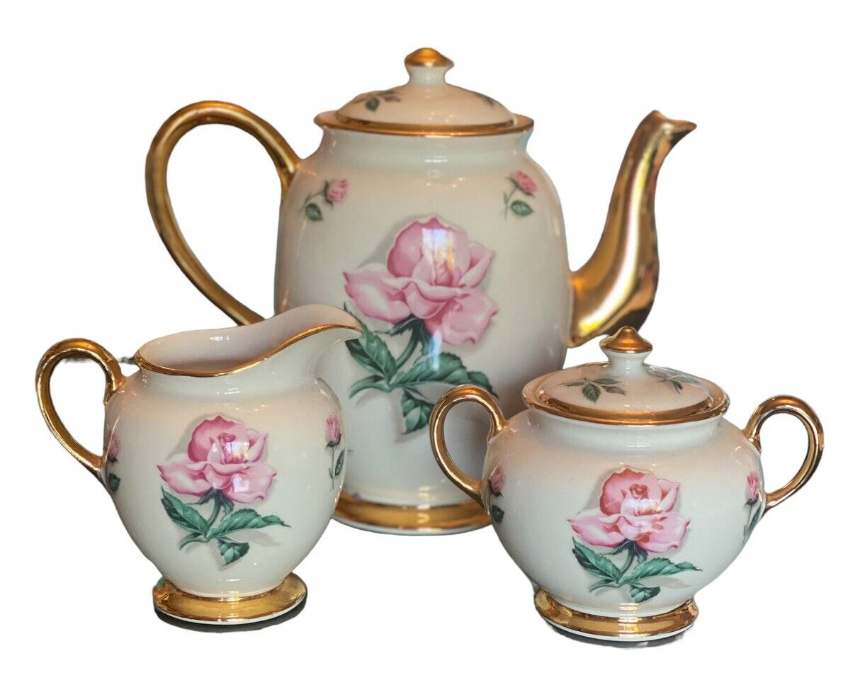 Vintage Kingwood China Co. Rose Pattern Teapot Cream Sugar Bowl 3-Piece Tea Set