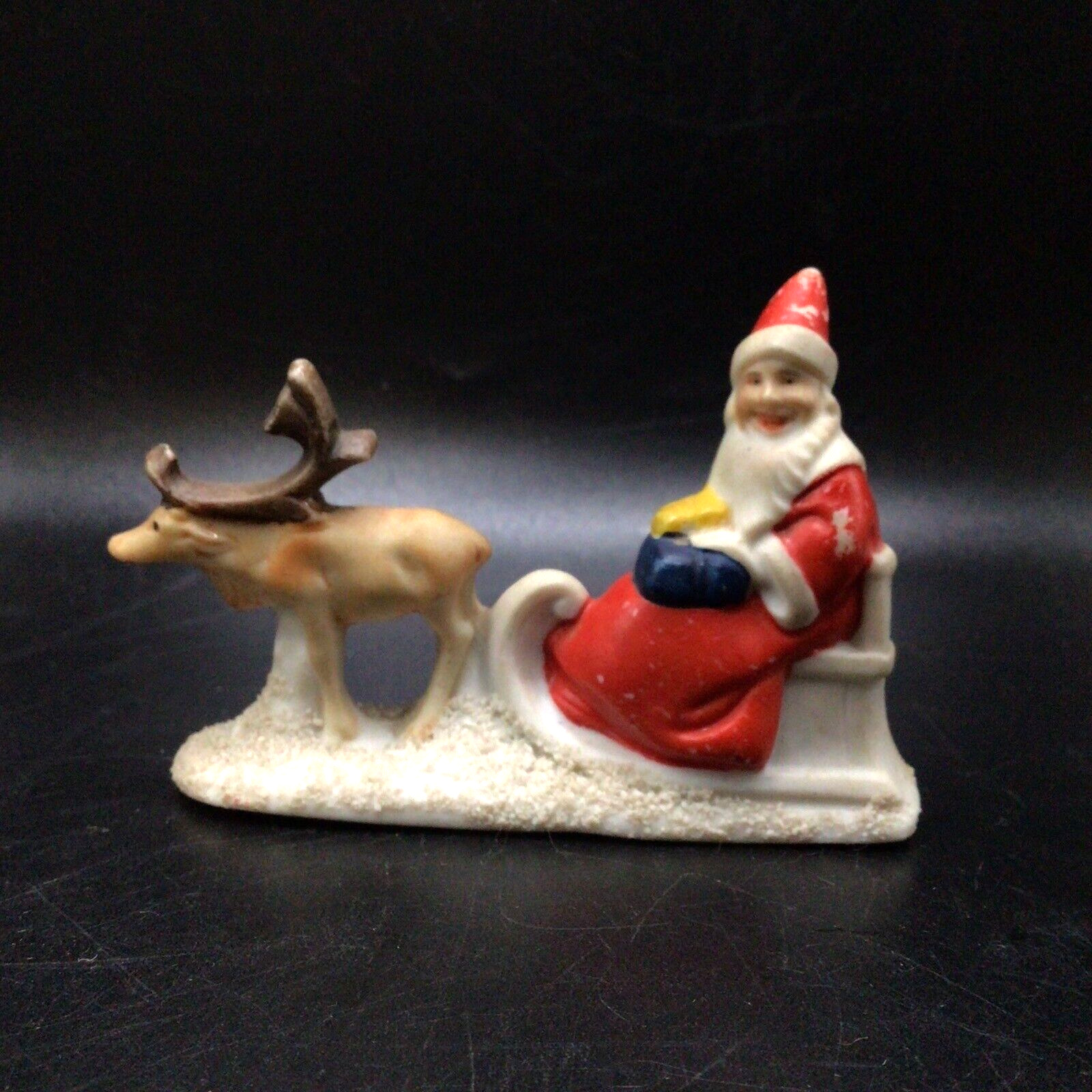 Hertwig Antique German Snow Baby Santa on Sleigh W/ reindeer porcelain bisque