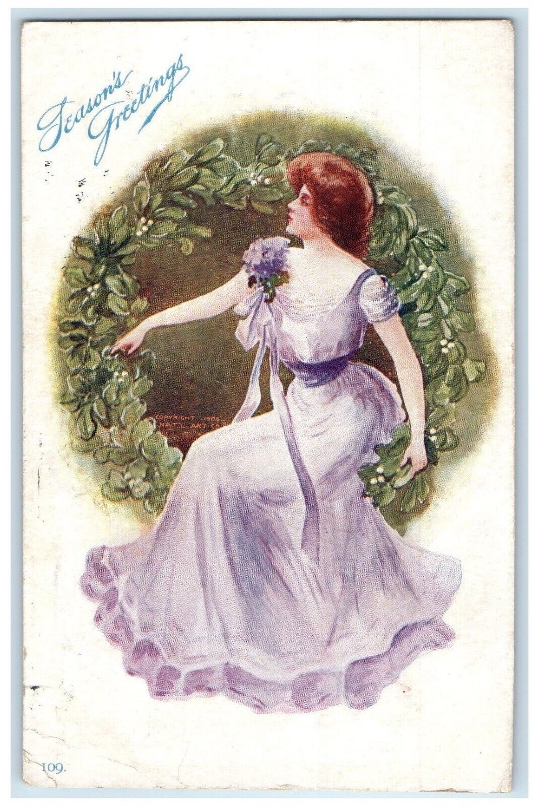 1908 Season\'s Greetings Pretty Woman Purple Dress Mistletoe Chicago IL Postcard