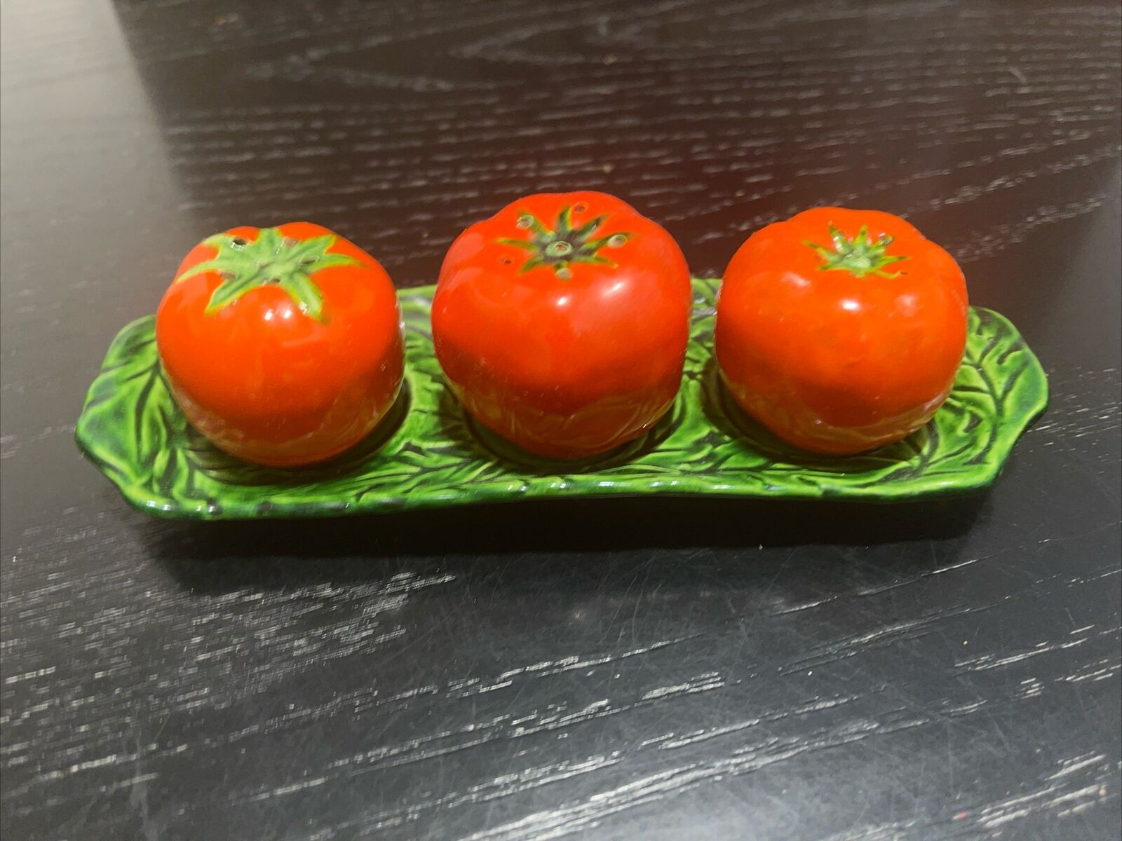 Vintage Tomato salt and pepper shakers set on tray Occupied Japan
