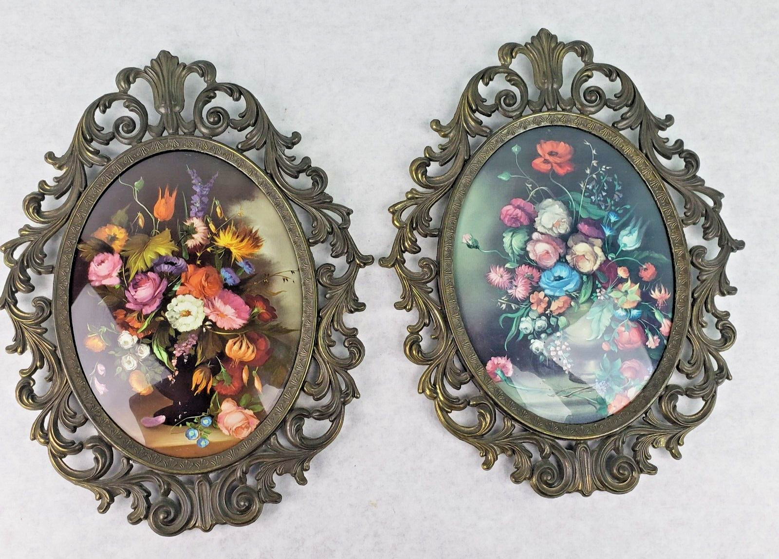 Set of 2 Vintage Made In Italy Brass Frame Convex Floral Pictures 10.75”X13.75”