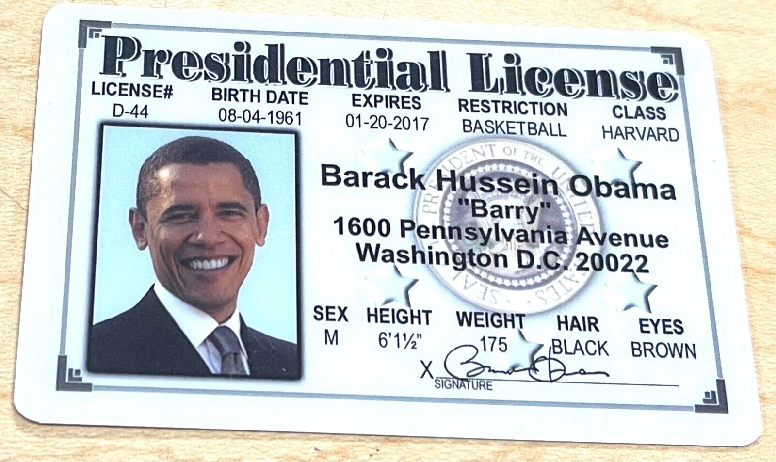 Barack Obama Fake Novelty ID Funny Presidential License 