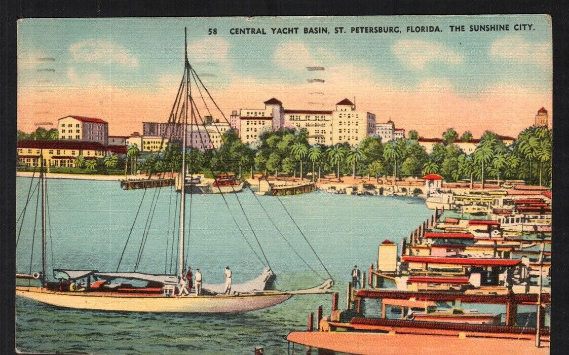 Postcard St. Petersburg FL Central Yacht Basin Hotels Background Linen Posted