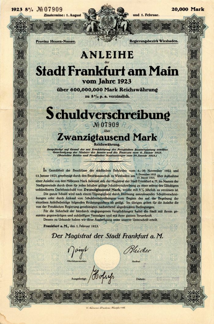 Anleihe der Stadt Frankfurt am Main - 20,000 Marks Bond - Foreign Bonds