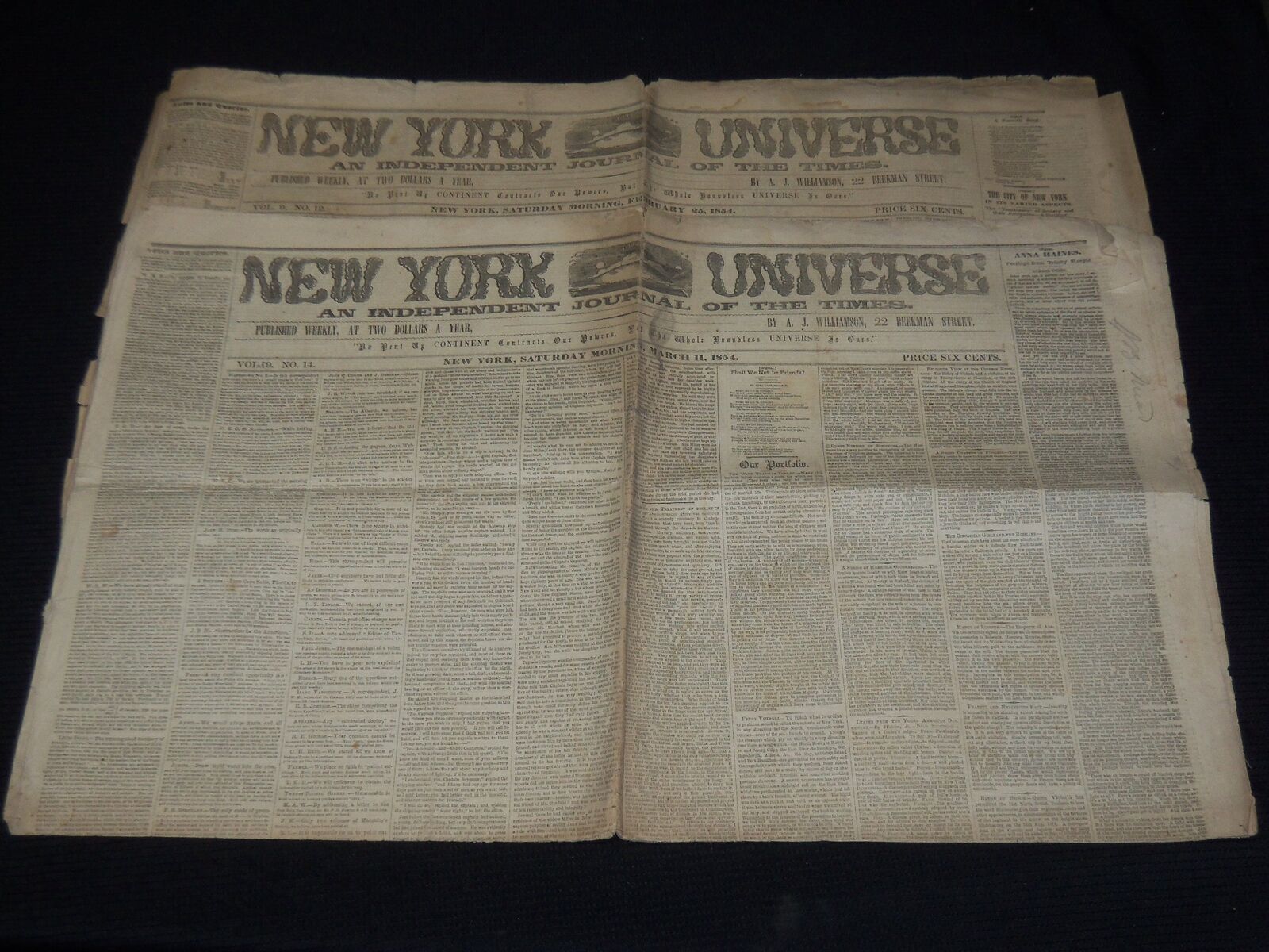 1854 NEW YORK UNIVERSE NEWSPAPERS LOT OF 2 - A. J. WILLIAMSON - NP 3879S