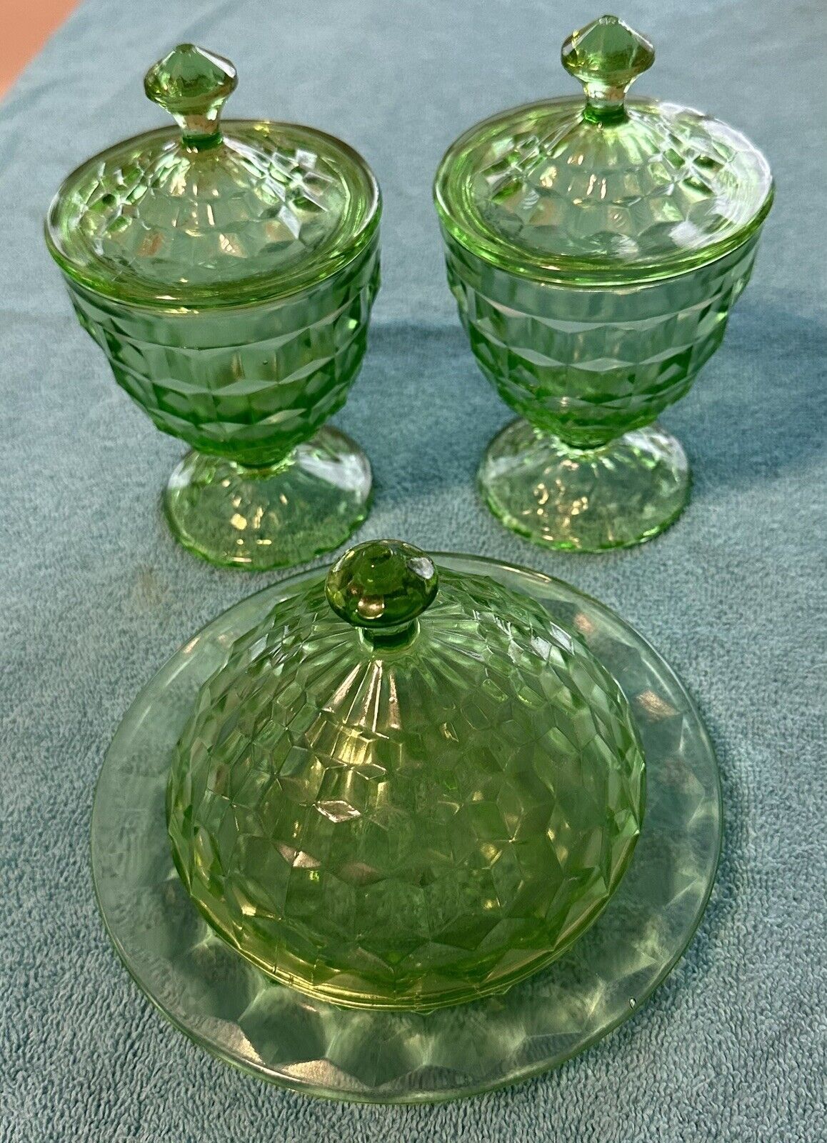 Vtg Jeanette Cubed Butter Dish And 2 Footed Candy Dishes, All With Lids Uranium