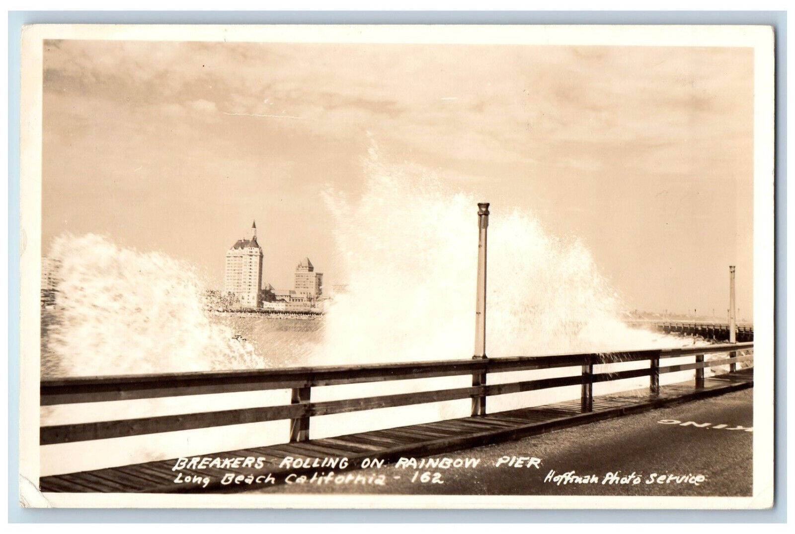 Long Beach CA Postcard Breakers Rolling on Rainbow Pier c1940's RPPC Photo