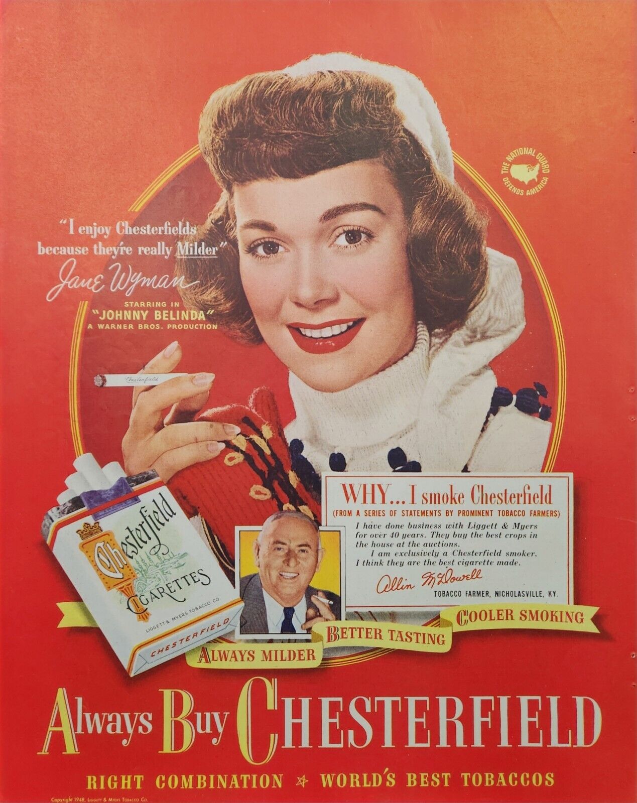 Jane Wyman 1948 Chesterfield Cigarettes Print Ad Ephemera Art Decor Nat\'l Guard