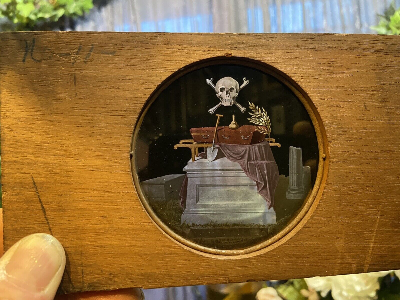 Antique Memento Mori Masonic Lantern Glass Slide Skull Mortuary Oddities RIP