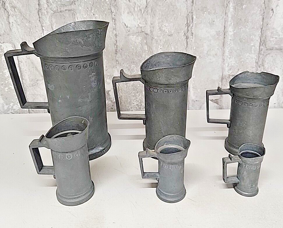 Set of 6 German Antique Vintage Pewter Tankard Pitcher Metric Measuring Cups