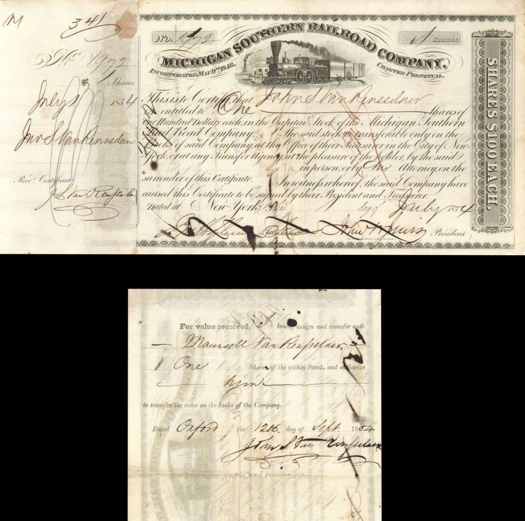 Michigan Southern Railroad Co. issued to John Van Rensselaer and signed on back 
