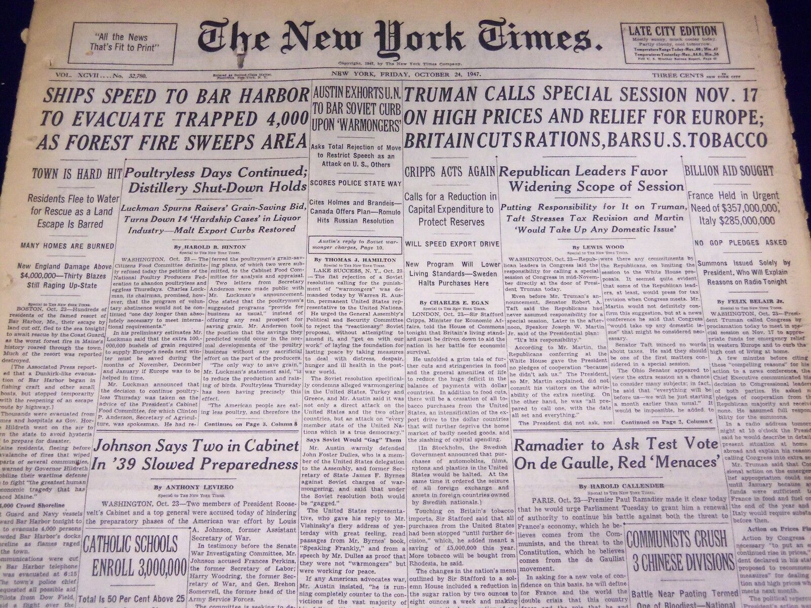 1947 OCTOBER 24 NEW YORK TIMES - BAR HARBOR FOREST FIRES - NT 3267
