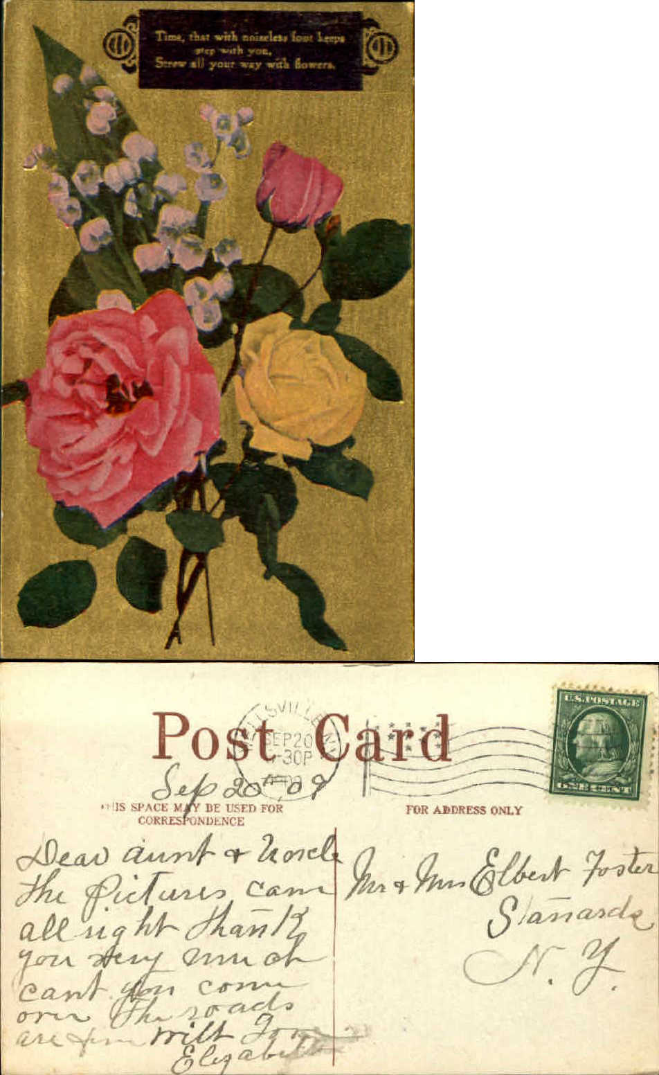 Time poem pink yellow rose lily of the valley bouquet WELLSVILLE NY 1909