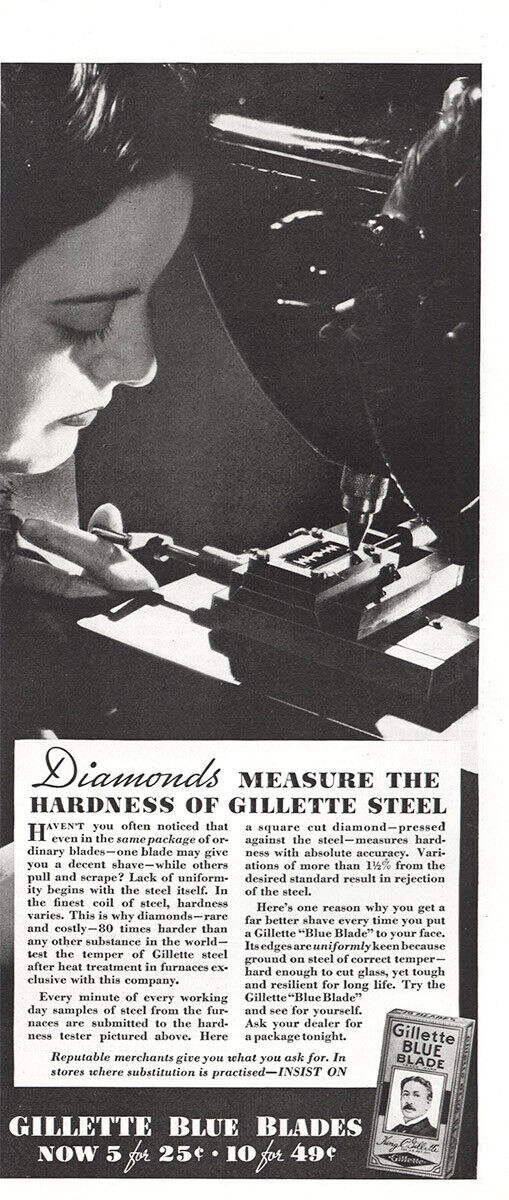 1934 Gillette Blue Blades: Diamonds Measure Hardness Vintage Print Ad