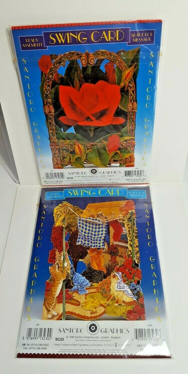 Lot 2 Vintage New Santoro Swing Cards Red Roses Cats On Laundry Made in England 