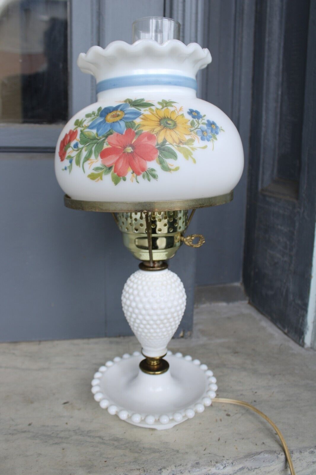 Vintage Hobnail Floral Milk Glass Hurricane Lamp Pretty