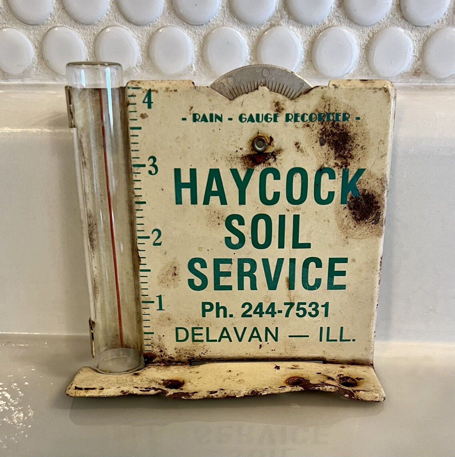 Vintage Reclaimed HAYCOCK SOIL SERVICE Rain Gauge Recorder Metal & Glass Delavan
