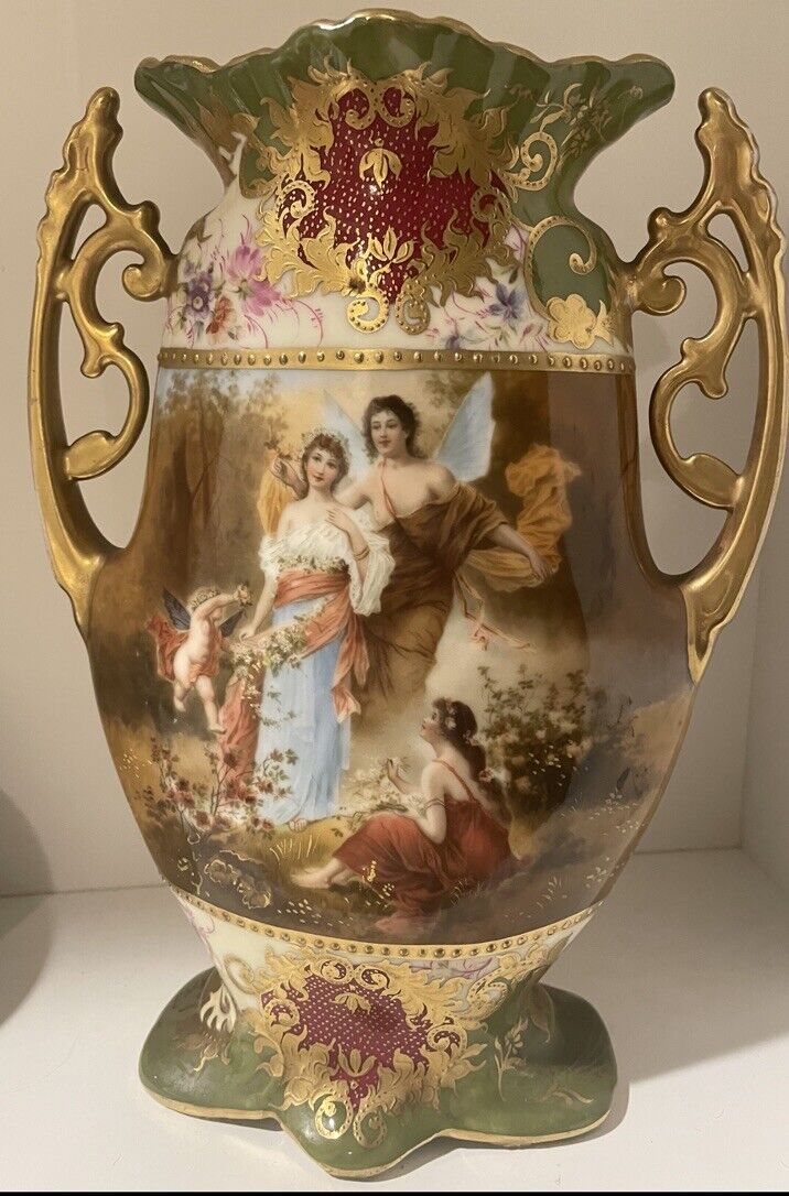19c Royal Vienna Porcelain Antique Vase Signed Sommer Abend Guilded Gold