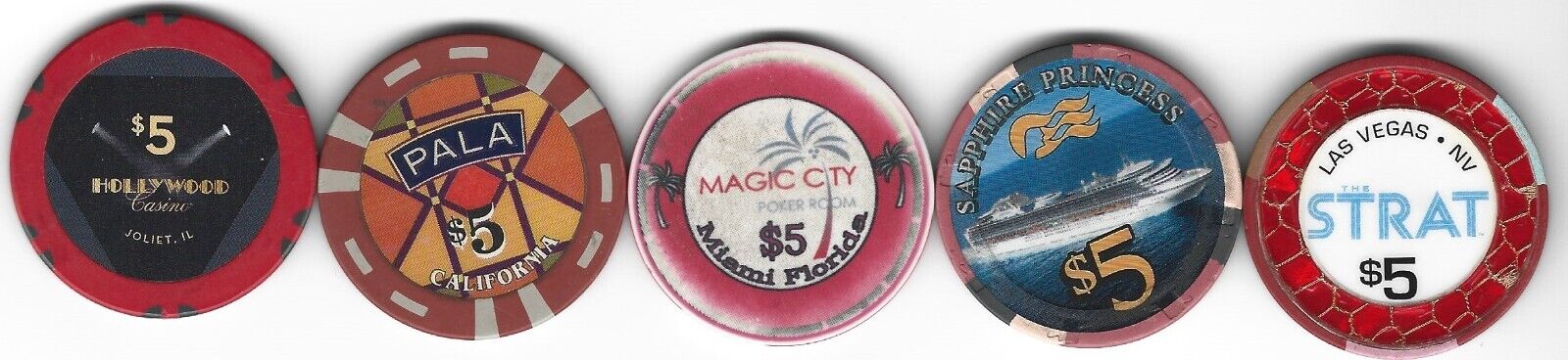 FIVE $5 CASINO CHIPS FROM CASINO ALL OVER-SOME NEW, SOME OLD