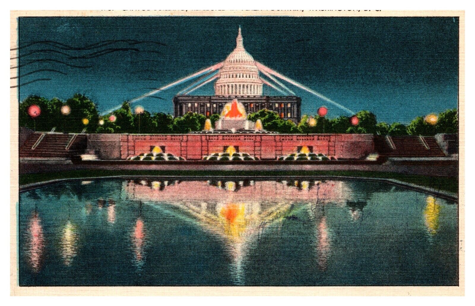 postcard U.S. Capital building reflected in the fountain Washington D.C. 8478