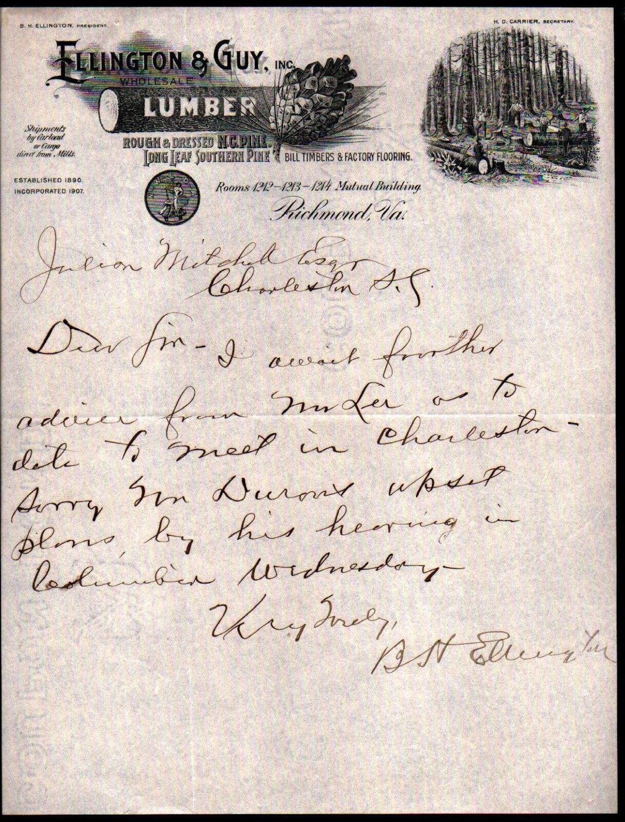 Richmond Va c1890 - Lumber - Pine - Ellington & Guy - History Rare Letter Head