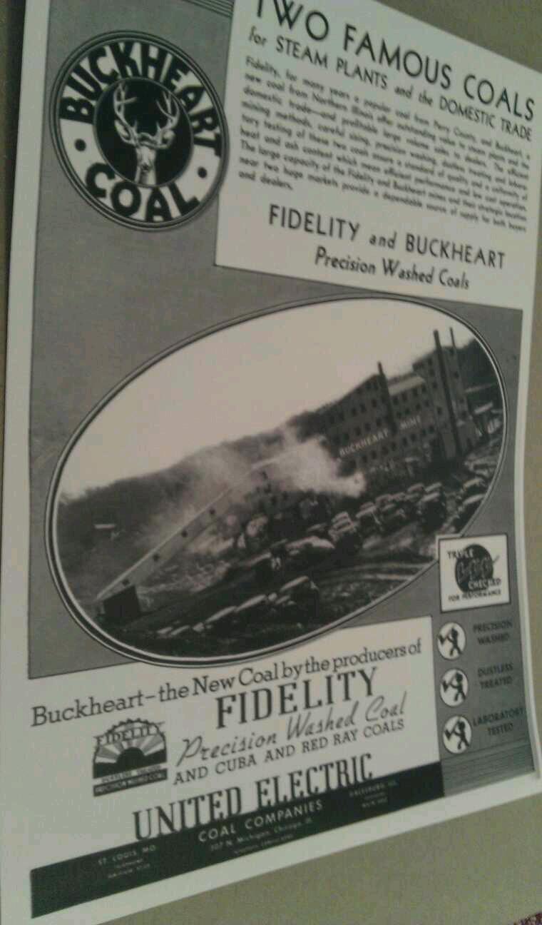 1938 United Electric Coal Co. Buckheart Mine & Fidelity Washed Coals Poster Repo