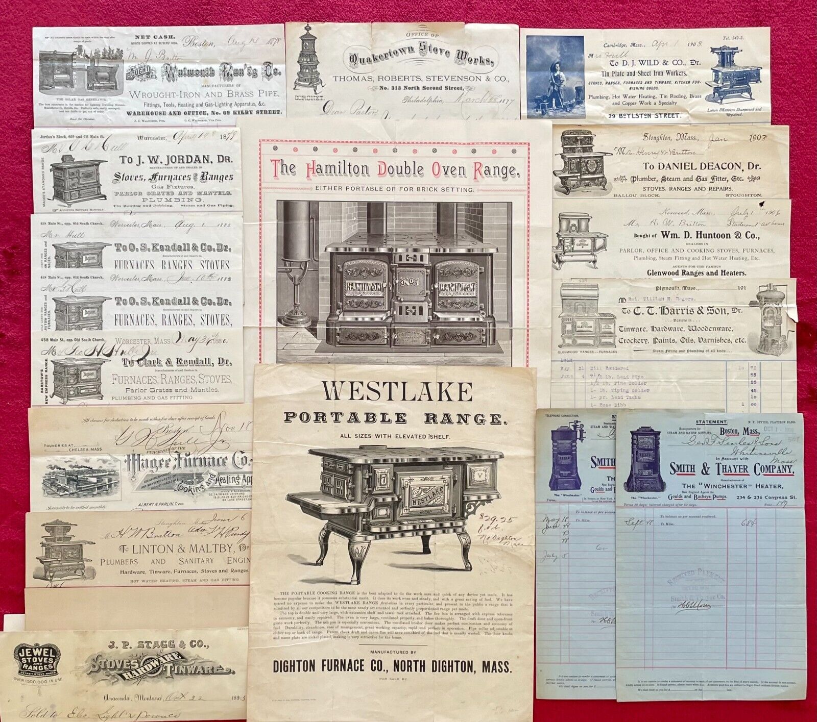STOVES & RANGES BILLHEADS & ADVERTISING BROADSIDES - 17 ITEMS 1870s / 1910