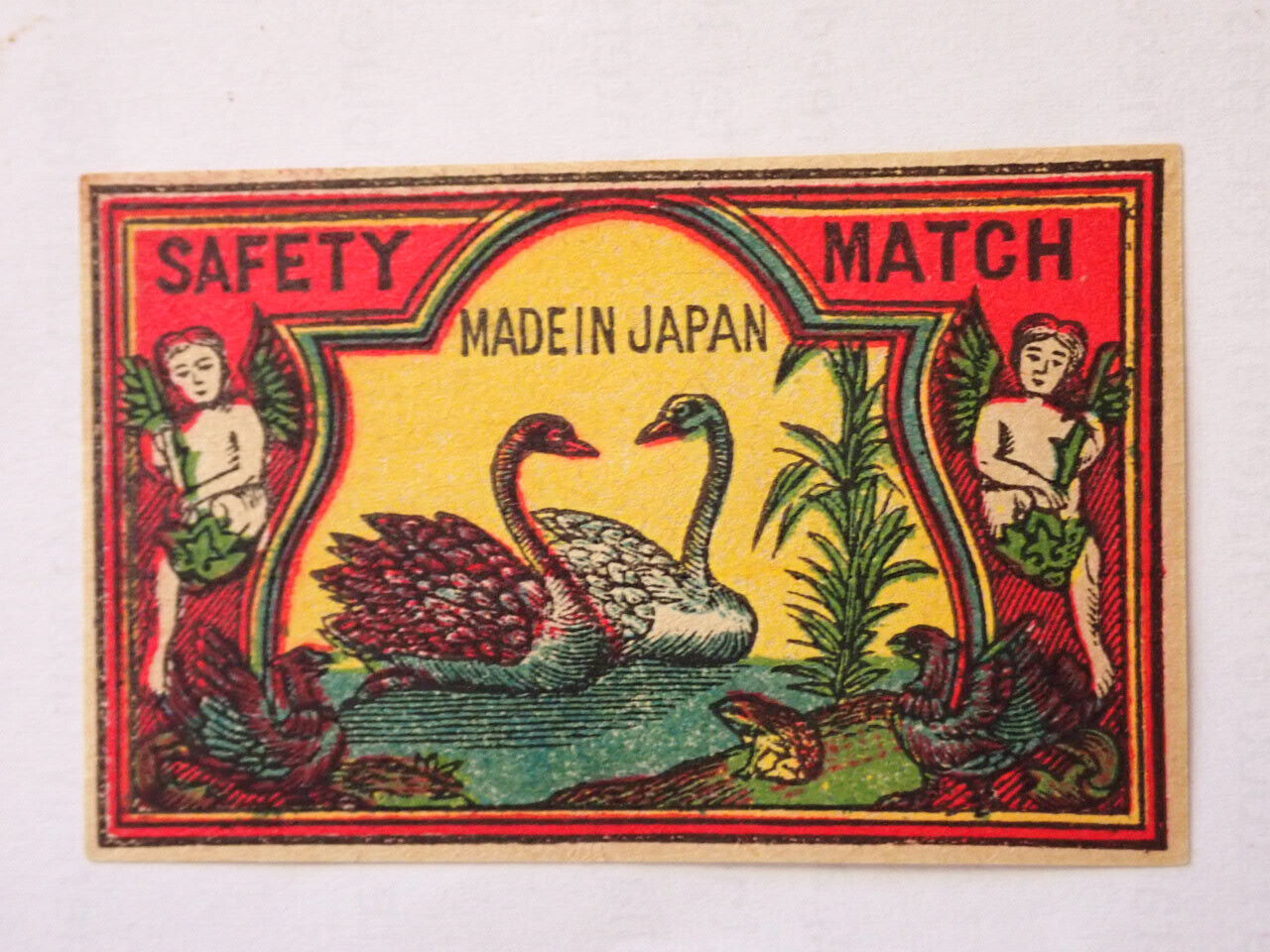 SAFETY MATCH BOX LABEL c1900s MADE in JAPAN CHERUBS & 2 SWANS