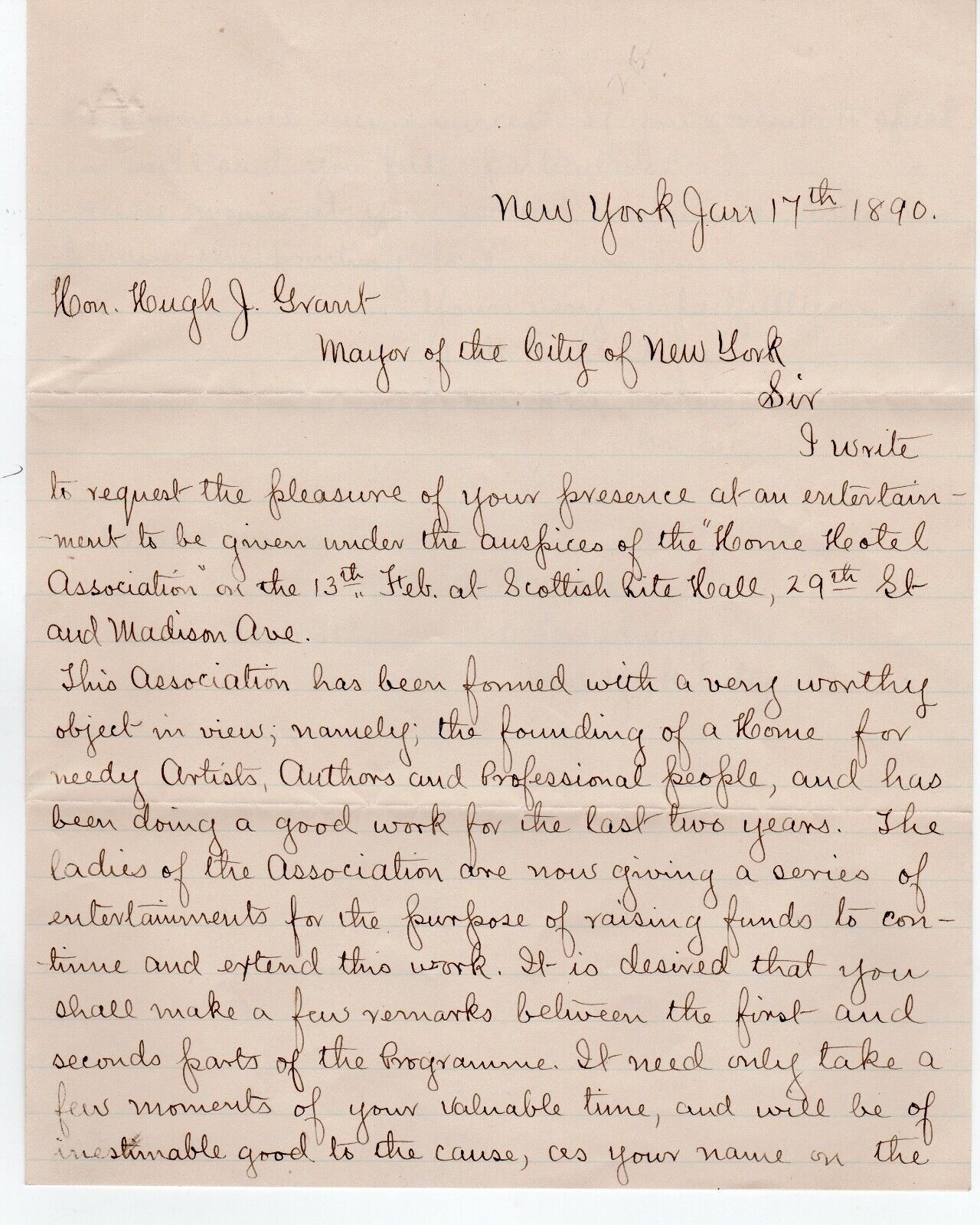 1880 Letter to NY City Mayor Hugh Grant Seeking Home for Needy Artists, Authors