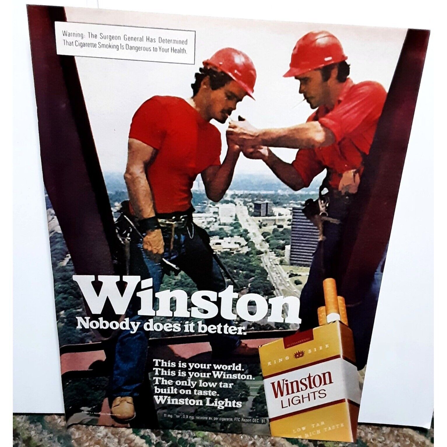 1982 Winston Cigarettes Men Working Scaffold Steel Hard Hat Vintage Print Ad Ori