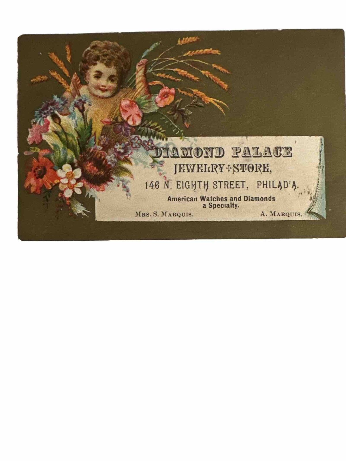 Victorian Jewelers Trade Card Mrs S Marquis Diamond Palace Philadelphia B74