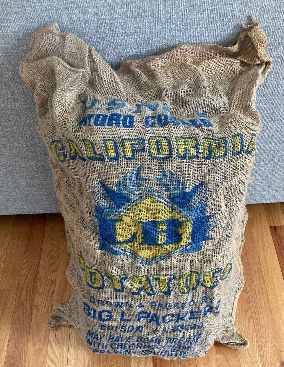 Vintage  LBI BIG L PACKERS Edison California Burlap Potato Sack 100lb Bag