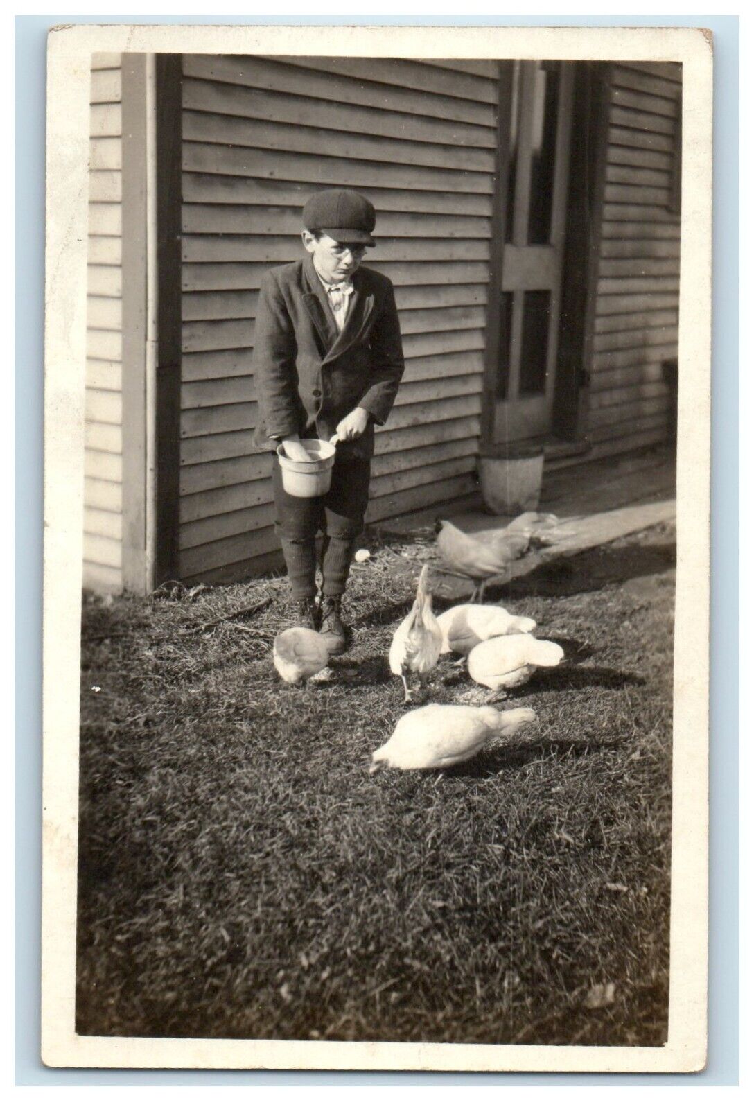 c1910\'s Boy Feeding Chicken Rooster Hen RPPC Photo Unposted Antique Postcard
