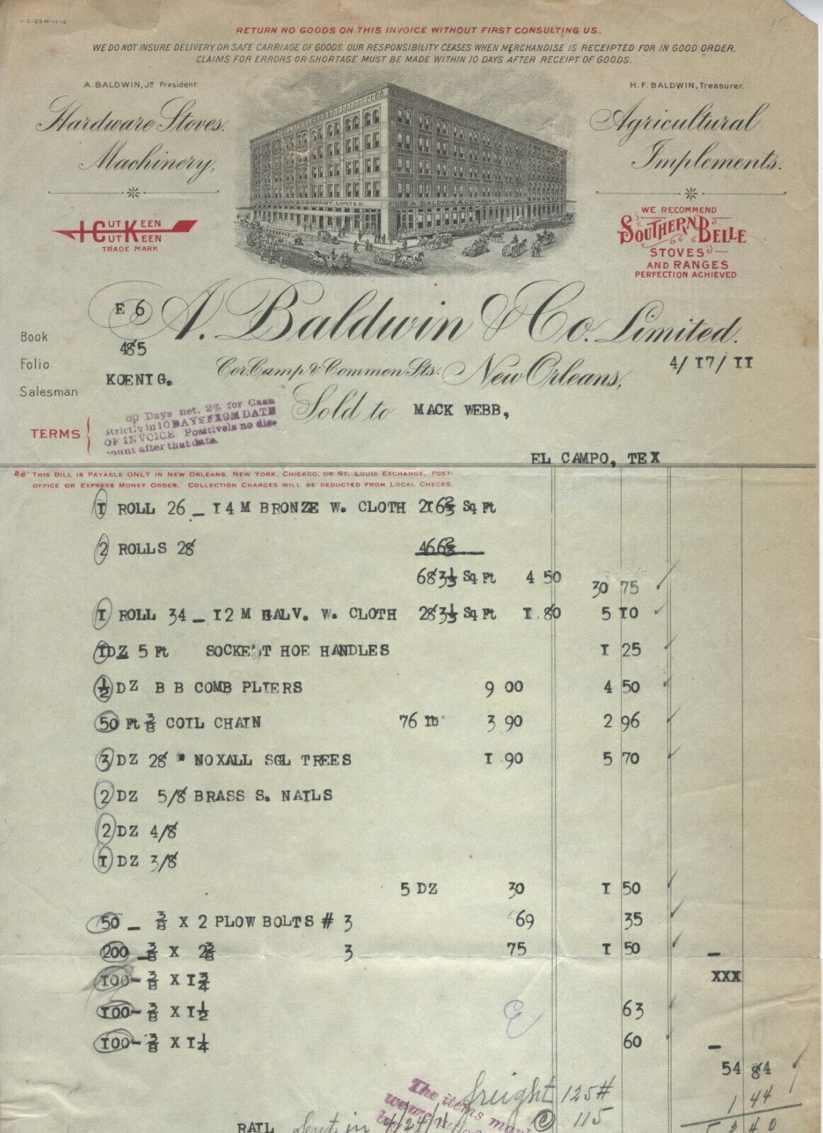 1911 NEW ORLEANS LOUISIANA BILLHEAD A BALDWIN & COMPANY (WHOLESALE) HARDWARE