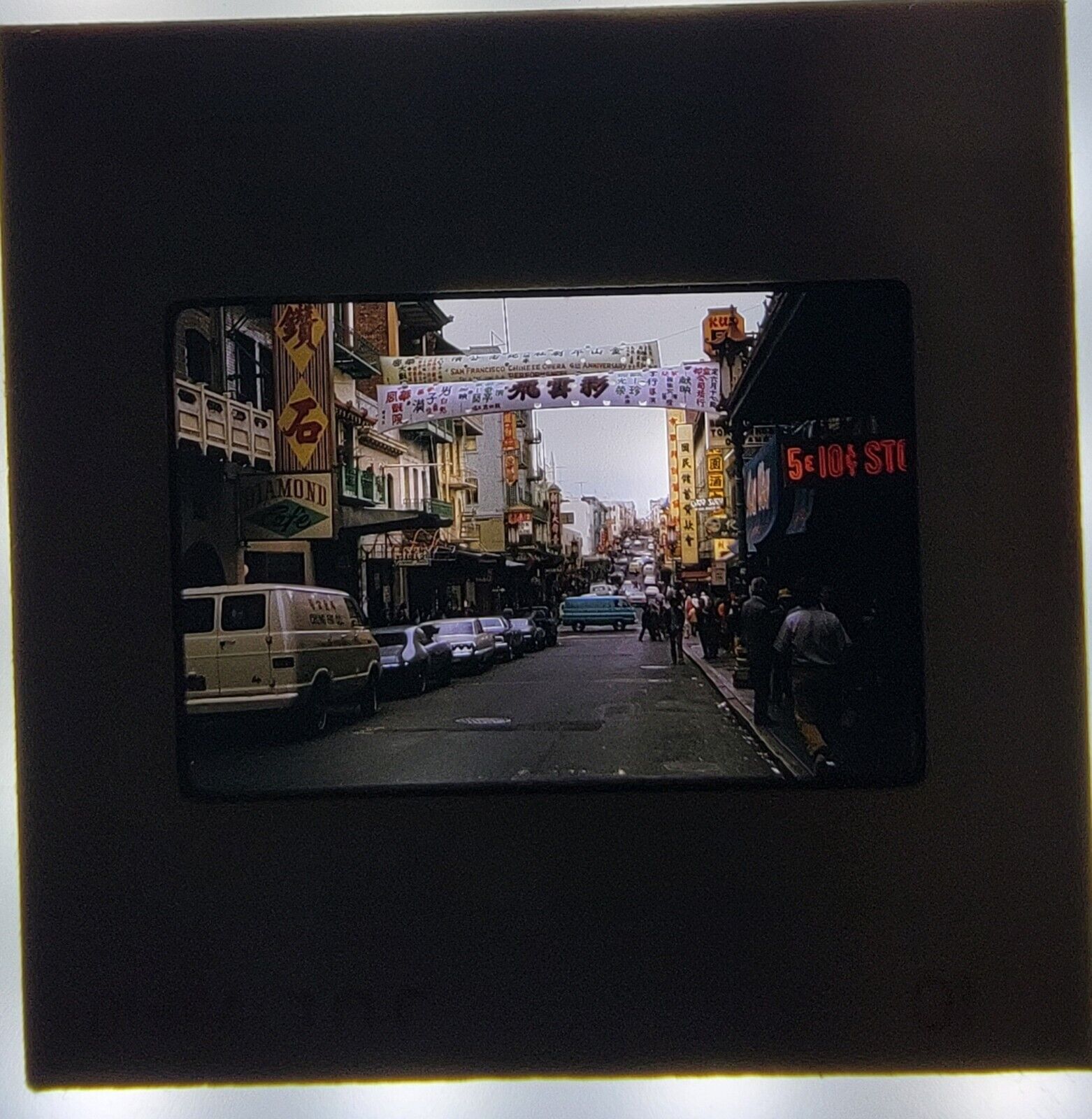 Vintage San Francisco Chinatown 35mm Slide Diamond Cafe Chinese Opera Banner Van