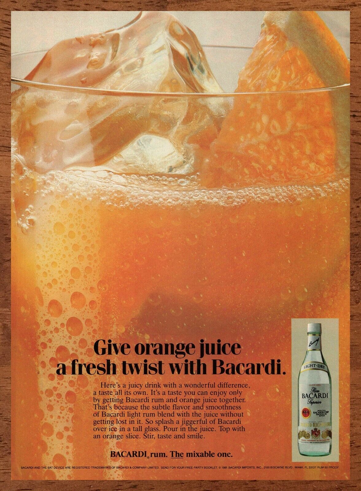 1981 Bacardi Rum Vintage Print Ad/Poster Orange Juice Retro Man Cave Bar Décor 