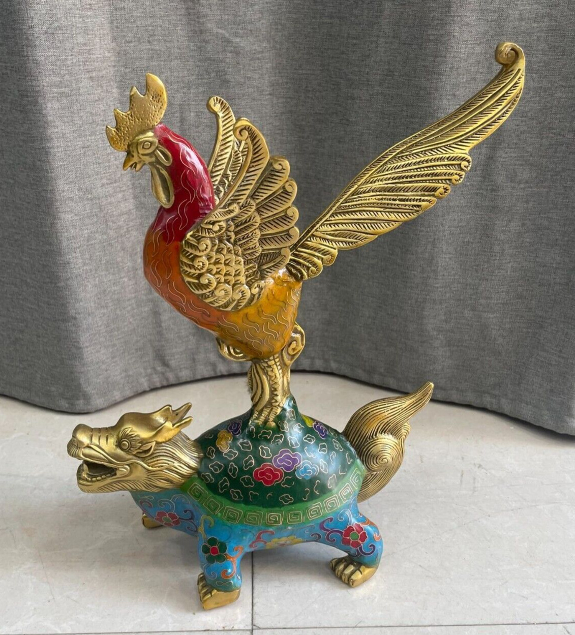 12″ copper Cloisonne enamel rooster stands on dragon turtle big statue champion