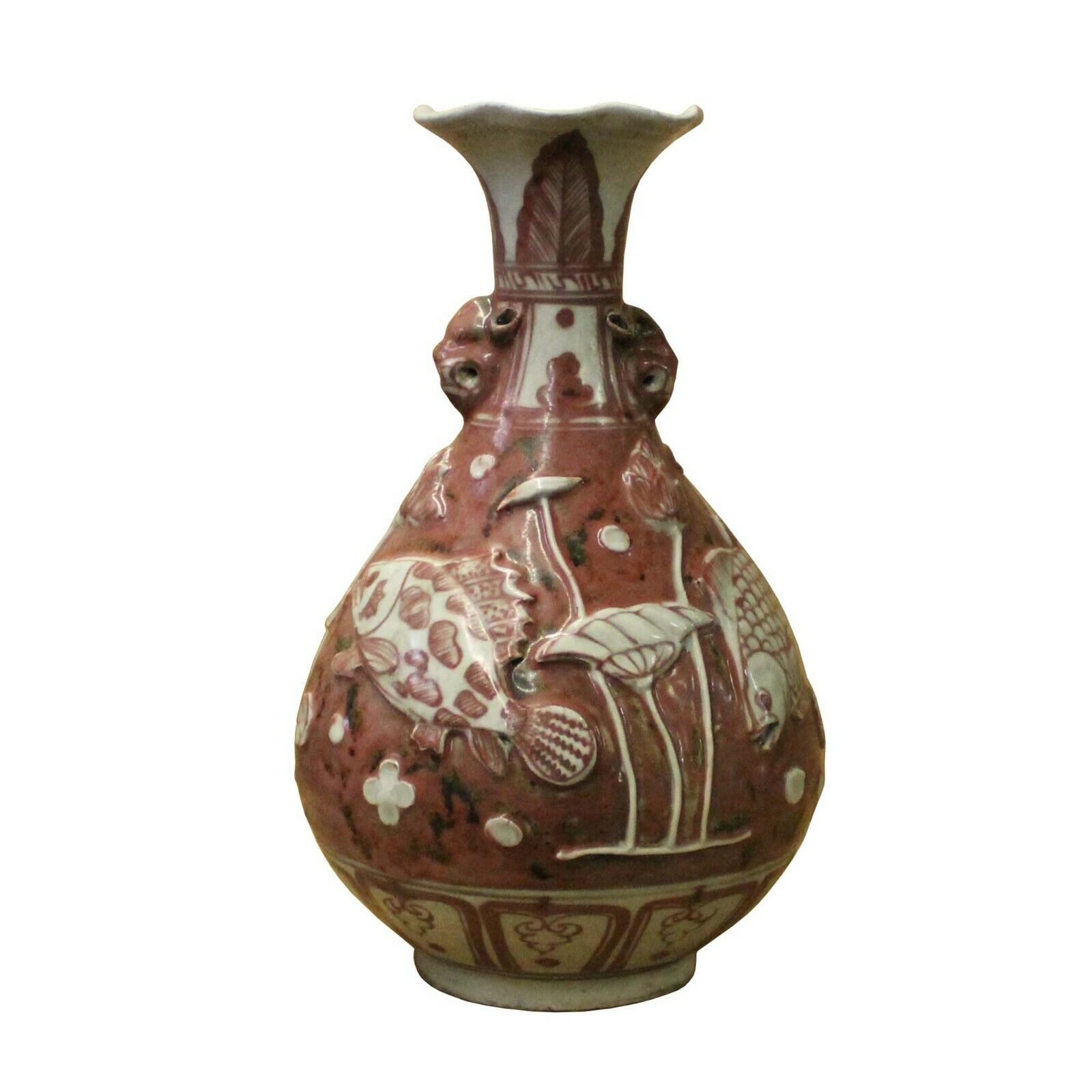 Handmade Ceramic Red White Dimensional Fishes Pattern Vase Jar cs5115